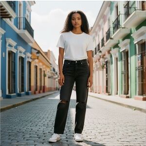 Edwin Women's CAi Straight Leg Ripped Distressed Black Denim Jeans Pants 27, NWT